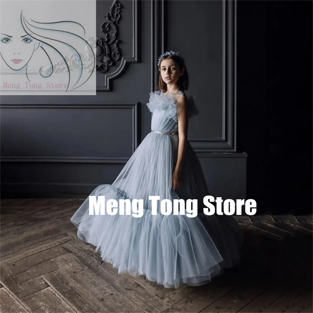 Communion Flower Girl Dress For Wedding Tulle Fluffy Sleeveless Ruffles Beading Princess Birthday Party First Communion Ball Gow