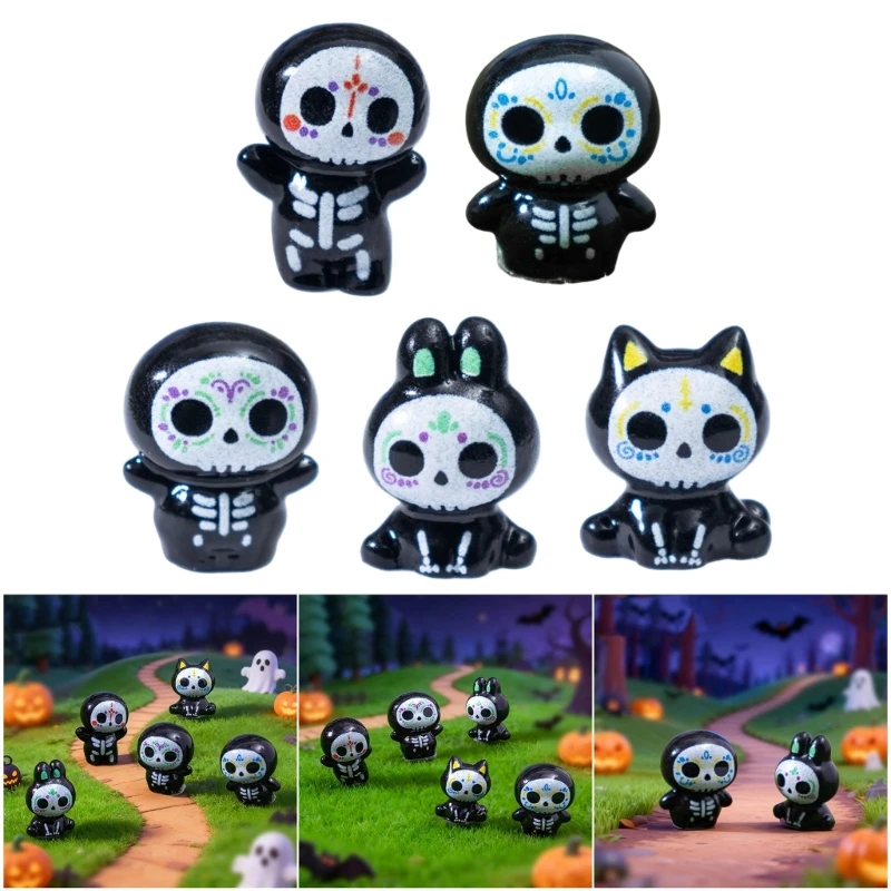 Mini Resin Figurines Set with Halloween Character Styling for Tiny Layout Display, Shelf Accent Use and Small Photo Props 15UB