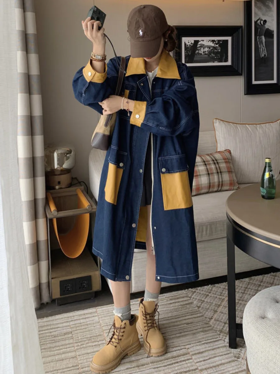 

Vintage Denim Trench Coat Women Spring Autumn Color Block Pockets Patchwork Casual Long Jeans Jacket Oversized Outerwear