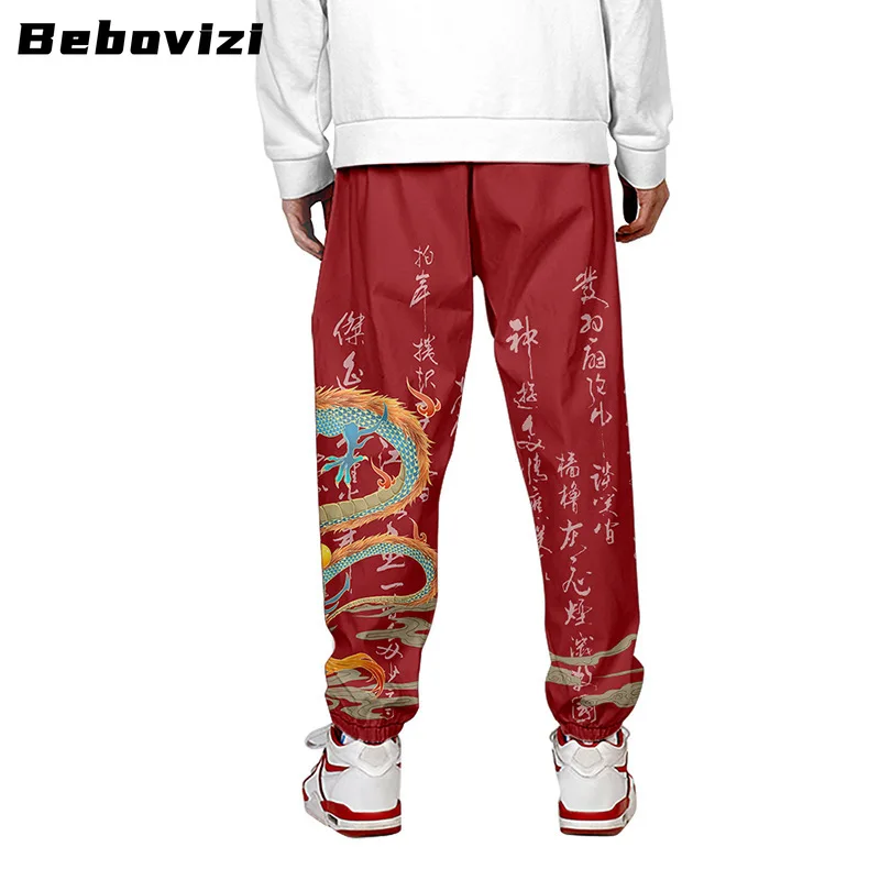 Anime chinês masculino de moletom Dragão, calça preta longa de bolso múltiplo, calça de jogger, moda streetwear, Harajuku