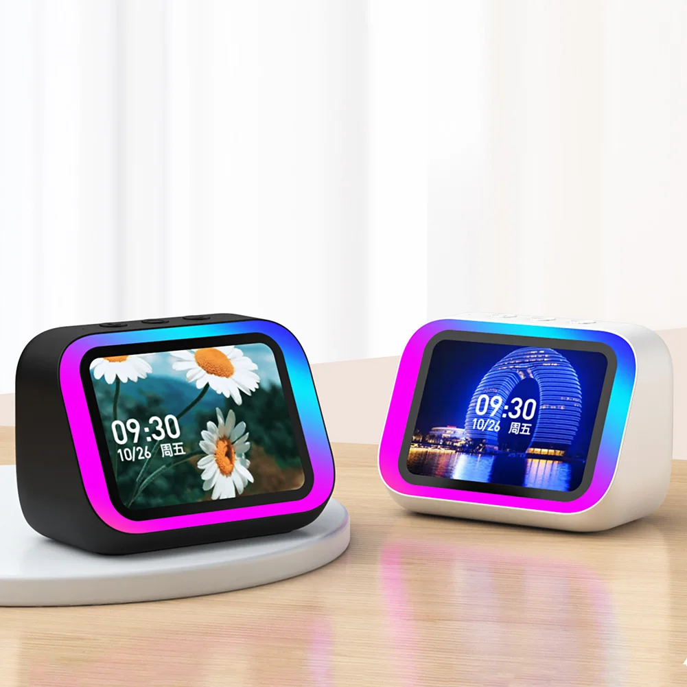 Portable BT Speaker Voice Assistant Home Speaker Alarm Clock with RGB Lights for Bedroom Living Room