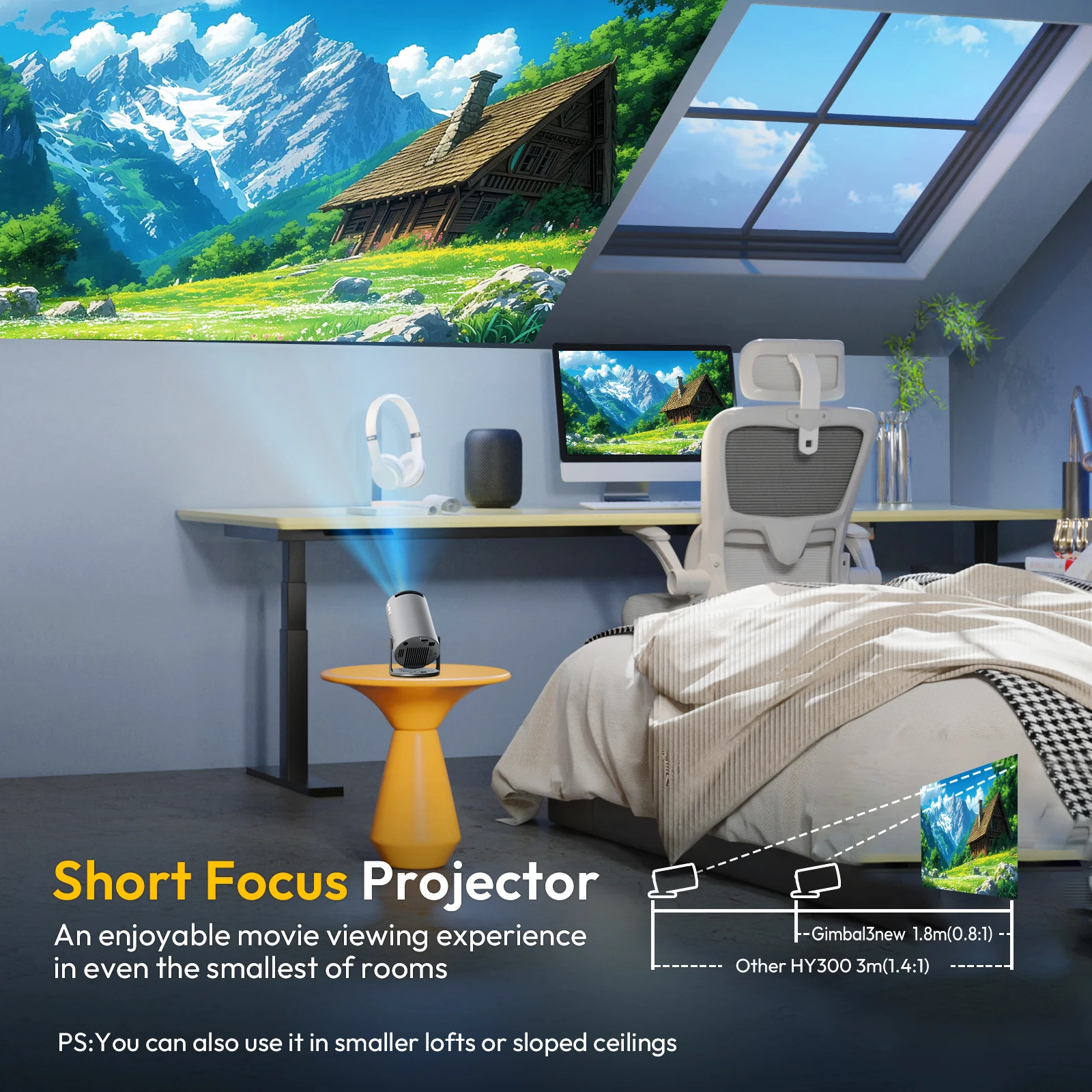 XGODY Proiettore 4K 260 ANSI Mini proiettori portatili a tiro corto Proiettore Android nativo 720P Dual Wifi6 BT5.4 Home Theater