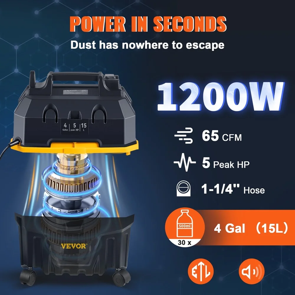 مكنسة كهربائية محمولة للرطب والجاف مع وظيفة النفخ 5 ذروة HP 4 جالون سعة 3 فوهات سلك طاقة 15 قدم مرآب منزلي للسيارة