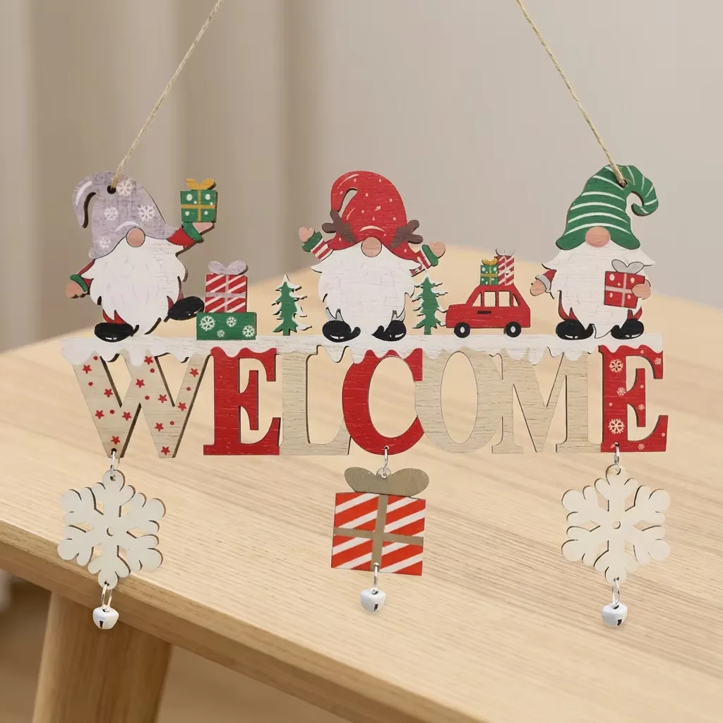 Letrero de bienvenida navideño de madera, adorno colgante con motivos de gnomo, Papá Noel, copo de nieve y campana, para decorar el árbol de Navidad, la puerta de casa o la pared, ideal como regalo.