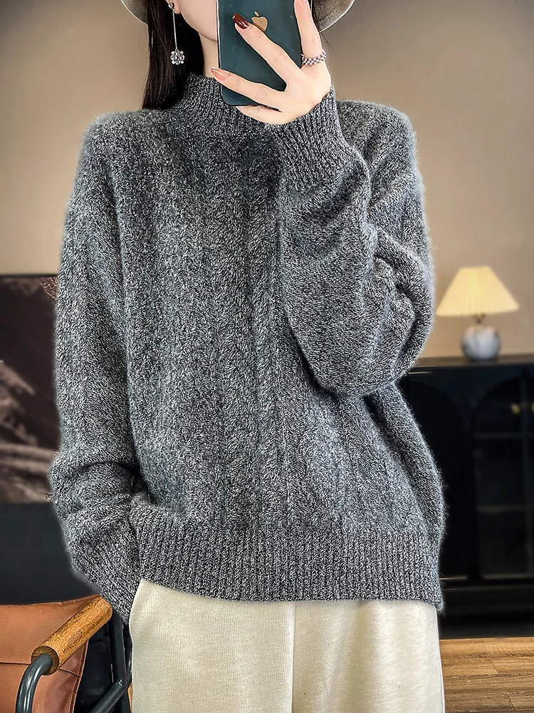 Autumn Winter Women Thick Sweater Mock Neck Pullover Twist Flower 100% Merino Wool Soft Warm Cashmere Knitwear Korean Fashion