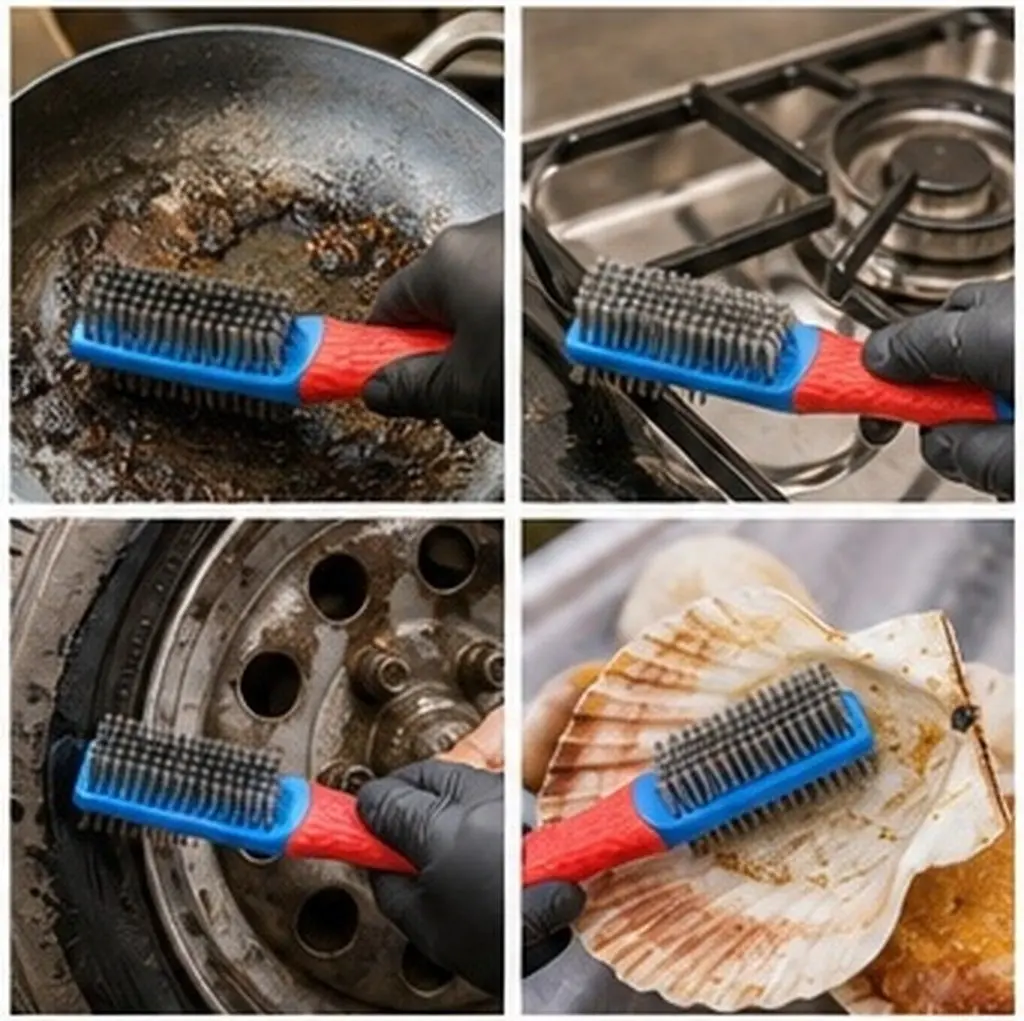 4Pcs Steel Wire Brush Stainless Steel Rust Remover Heavy Duty Wire Cleaner for Barbecue Grate Kitchen Cookware Cleaning Silicone