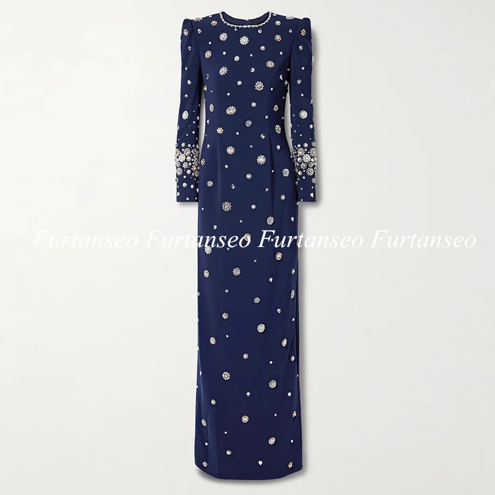 Vestido de graduación azul marino personalizado, vestidos de noche rectos con perlas de cristal, cuello redondo, mangas largas, vestido de fiesta árabe de Dubái