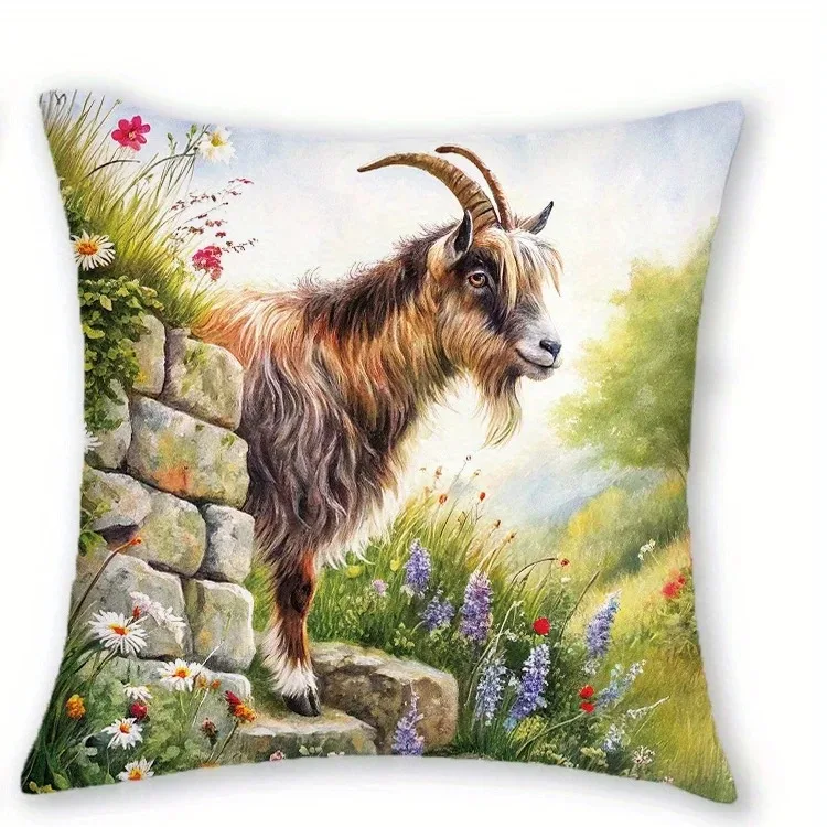 

Rustic Farm Goat Pillowcase 2D Flat Printed Peach Skin Pillow Cover Pastoral Scenery Cushion Case for Sofa Living Room Decor