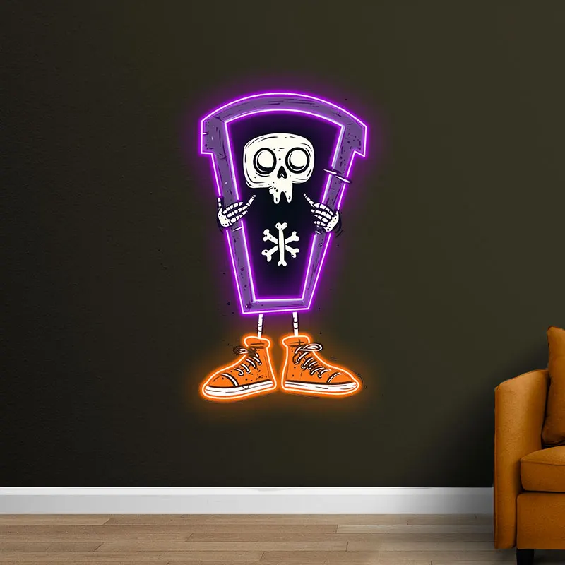 Skeleton in Coffin Neon Light Sign, Fun & Spooky Halloween Design with Sneakers, Perfect for Halloween Party & Haunted House