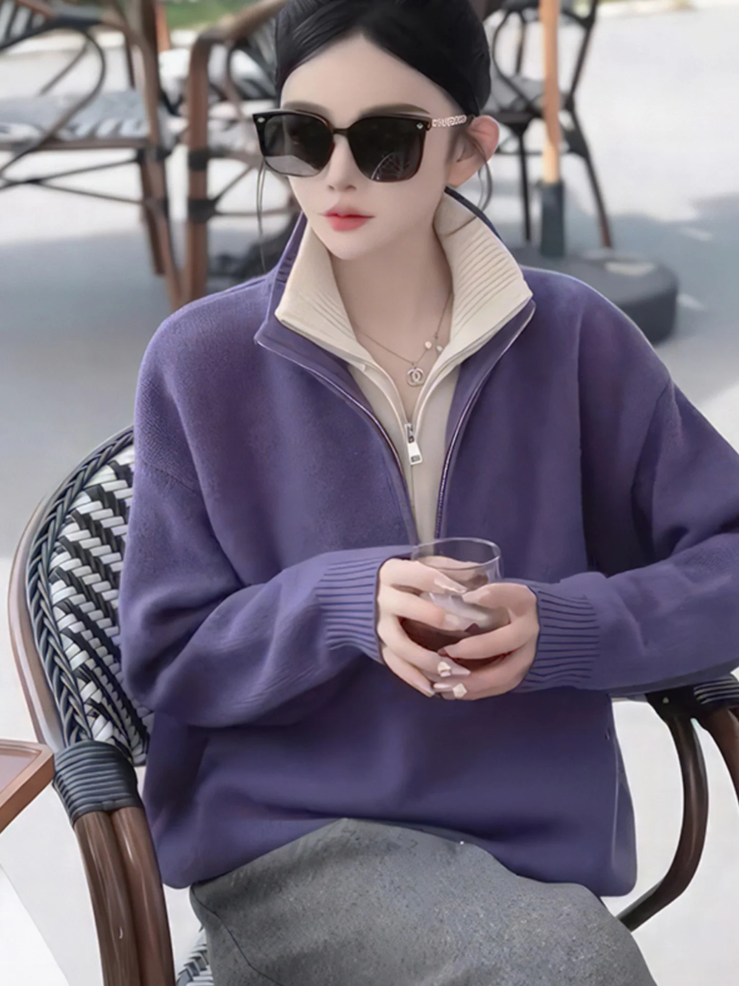 

Color Blo Knitwear f Zipper Thiened Camere Loose Top Casual Anti-Aging Sweater Commute Long Sve Winter Faion