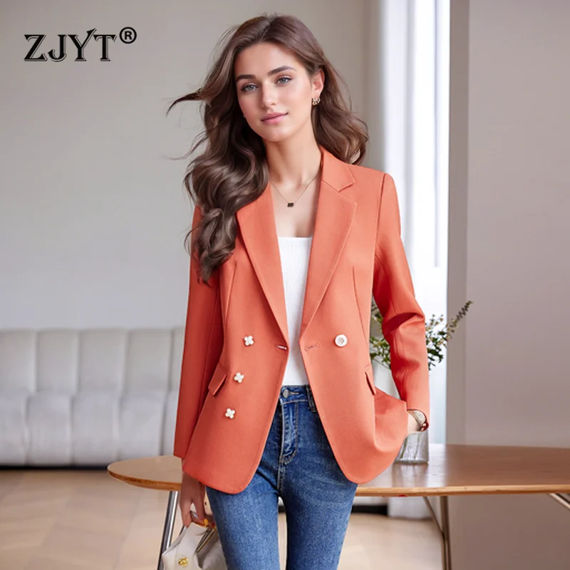 ZJYT 2024 Fashion Women\'s Blazers Autumn New Coats Jackets Long Sleeve Double Breasted Casual Outerwears Female Clothing Coat