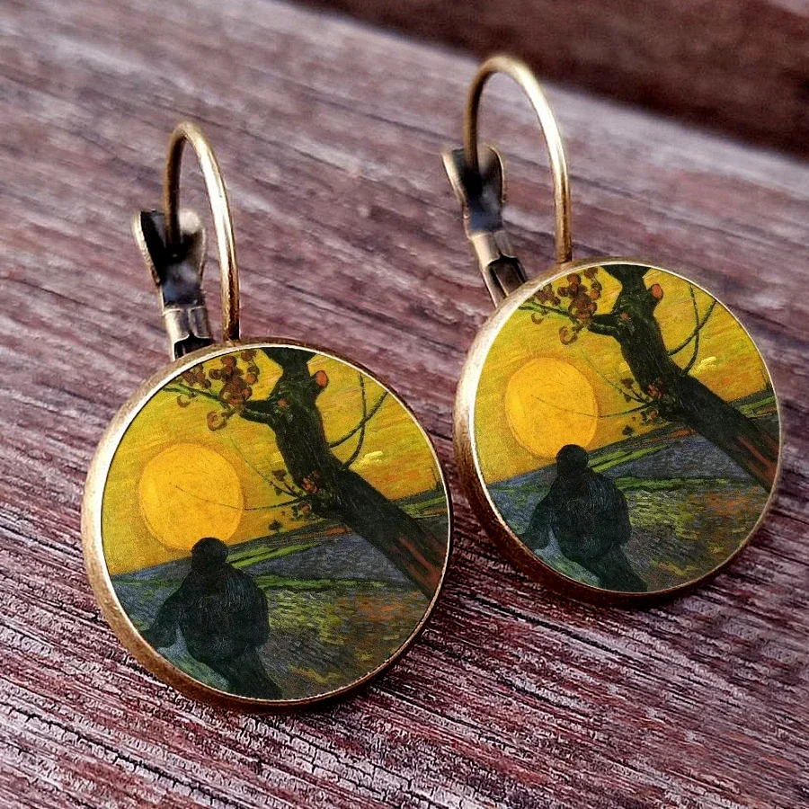 Van Gogh Painting Ear Studs Van Gogh\'s Autumn Painting of Starry Night  Round Jewelry Glass Dome earrings Autumn Vintage Earring