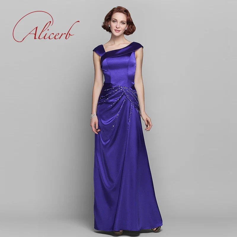 

Elegant Purple Stretch Satin Mother of the Bride Dress Sleeveless with Beading Side Draping Long 2023 Formal Evening Prom Gowns