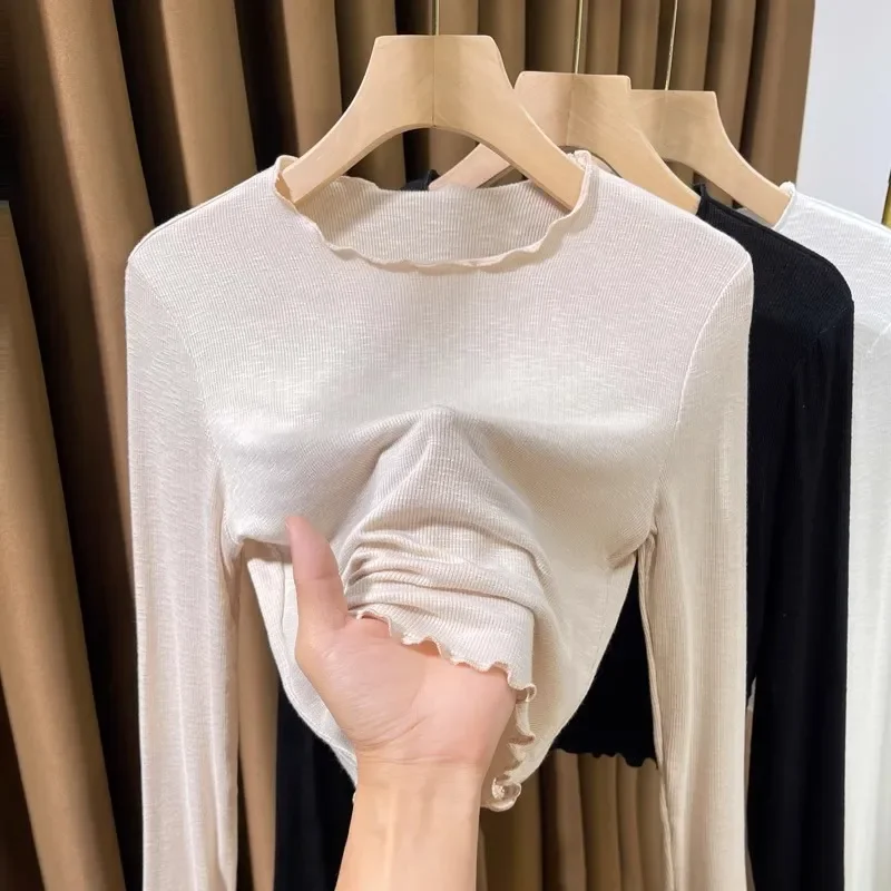 Women's Beige Ribbed Long Sleeve Scallop Trim Crop Top Slim Fit Casual Blouse