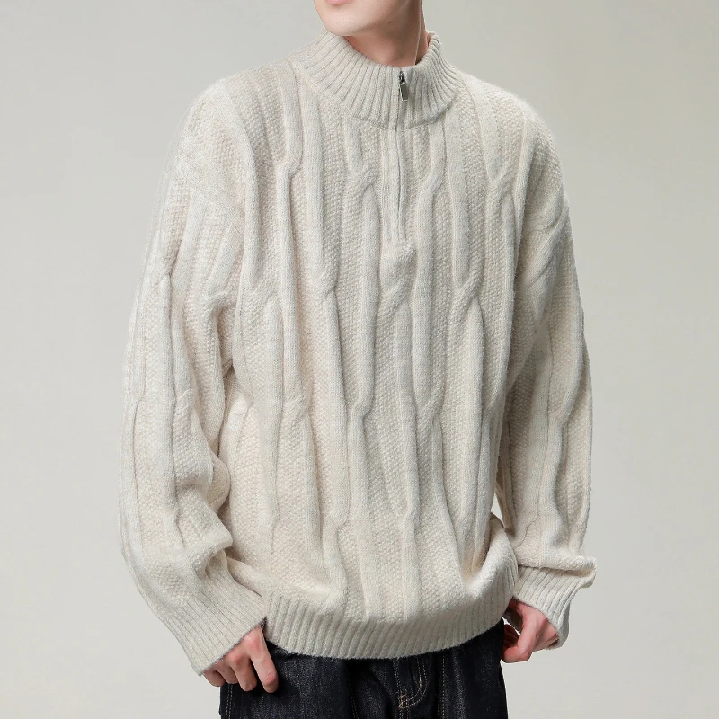 Men's Jersey Men's Quarter Zip Pullover Sweater Cable Knit Mock Neck Polo Sweater Classic Casual Sweater with Turtleneck Man