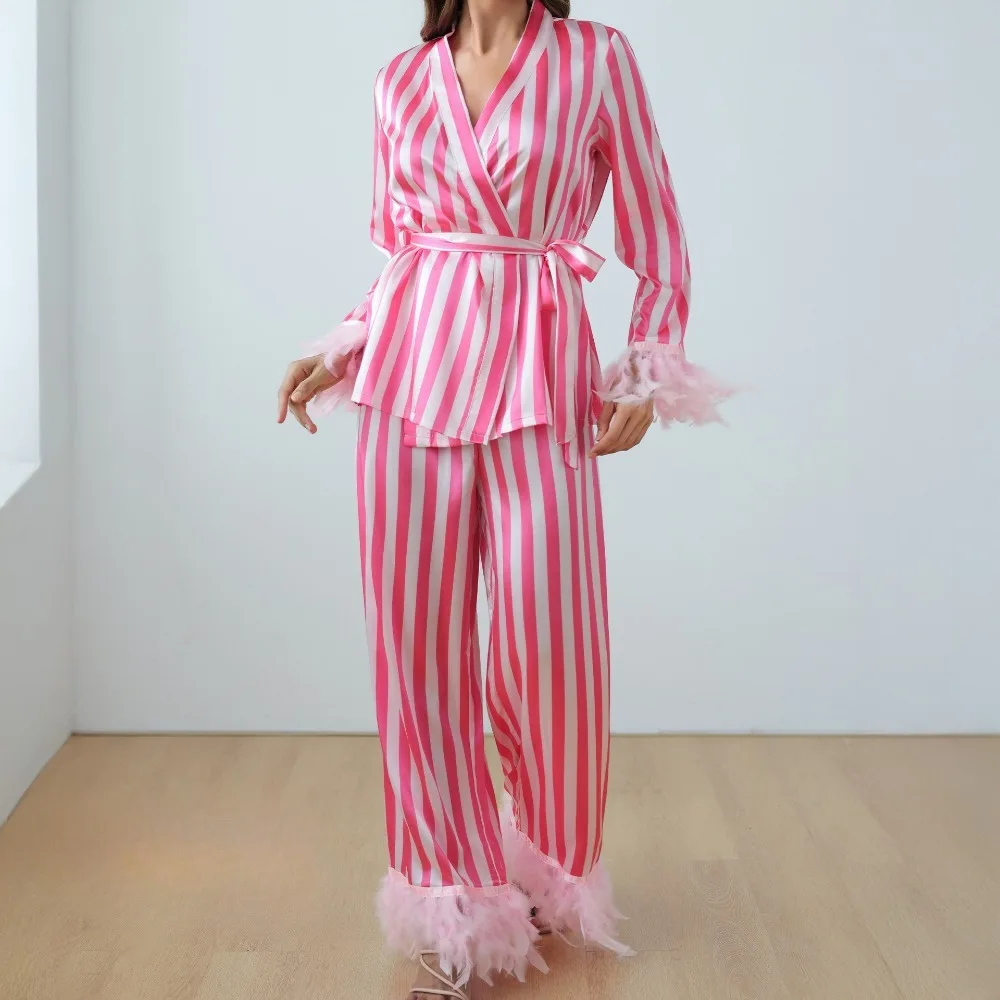 Spring Autumn New Feather Silk Satin Long-sleeved Trousers V-neck Pink White Striped Women's Loungewear Set 2 PCS Set