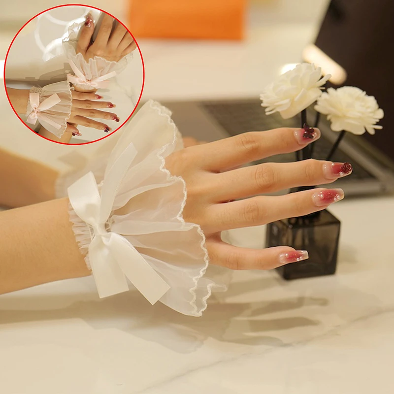 Bow Manicure Sleeve For Nail Art Lace Fake Pleated Cuff Manicure Photography Props Fake Sleeves Nails Accessories Supplies Charm