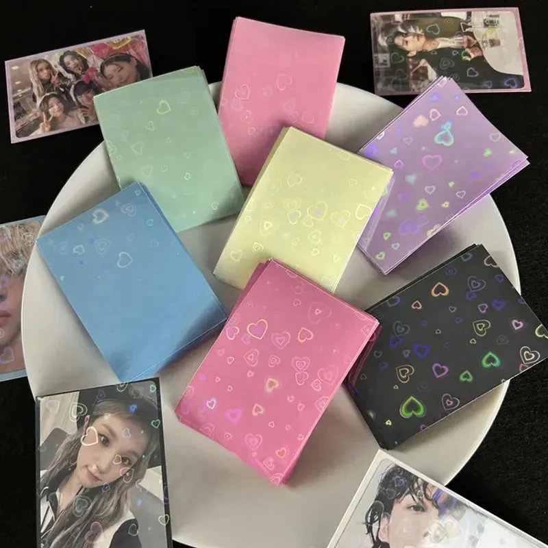 50pcs/bag Heart-shaped Laser Transparent Card Holder，Colorful postcard card sleeves, scratch-resistant card protectors, photo ca
