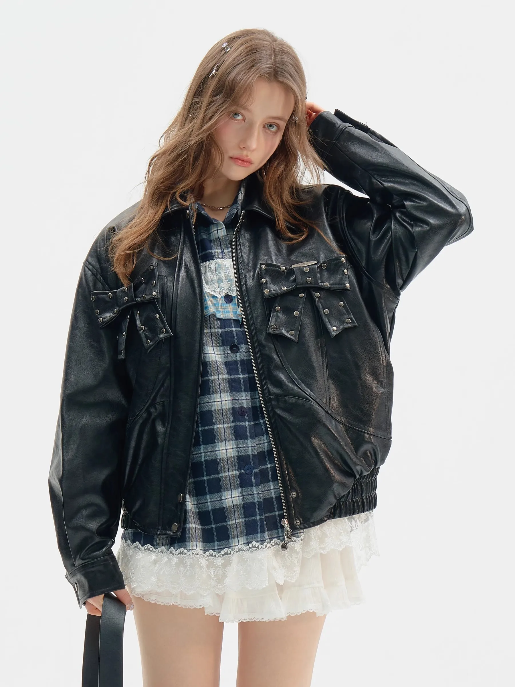 

Lautaro Spring Autumn Oversized Short Black Pu Leather Jacket Women Bow Rivet Zippper Luxury Designer American Retro Clothing