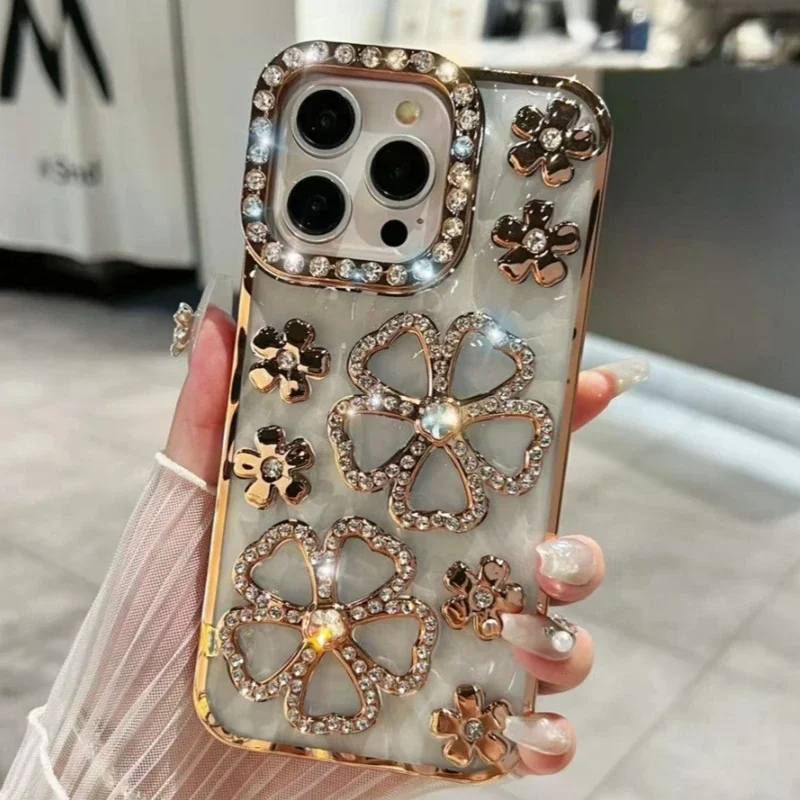 

Luxury Plating Flash Flowers Shiny Rhinestone Phone Case For iPhone 11 12 13 14 15 Pro Max Soft Bumper Protector On 16 Pro Cover