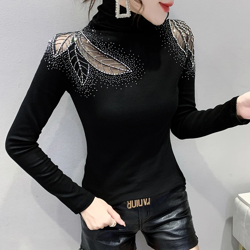 European Station Autumn Winter Clothes New Turtleneck Hot Diamond T shirt Slimm Women Bottoming Sexy Office Lady Tops