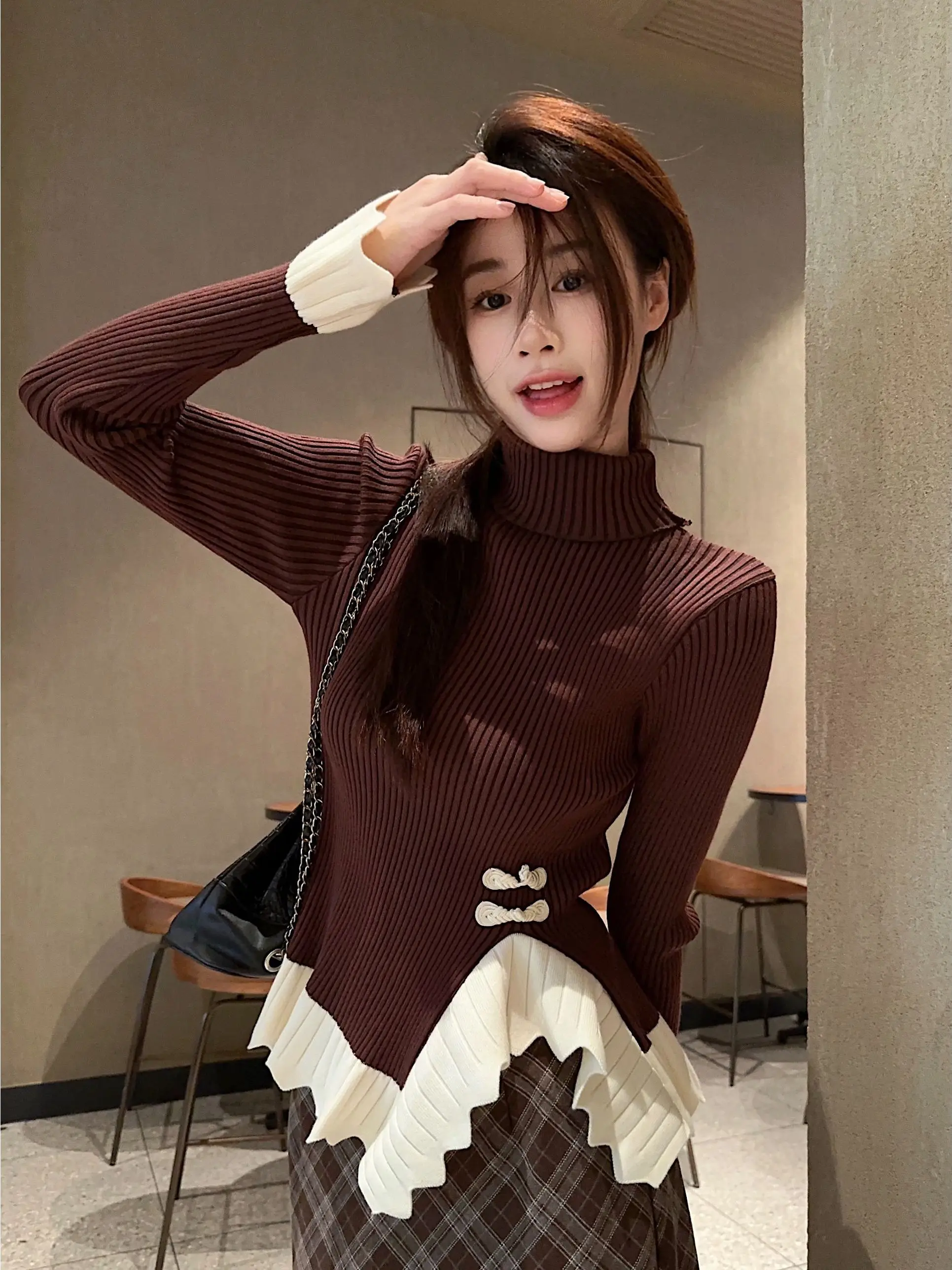 

Новый китайский вязаный свитер для женщин, весенний модный черный топ с высоким воротником, имитация двухслойности, с длинными рукавами