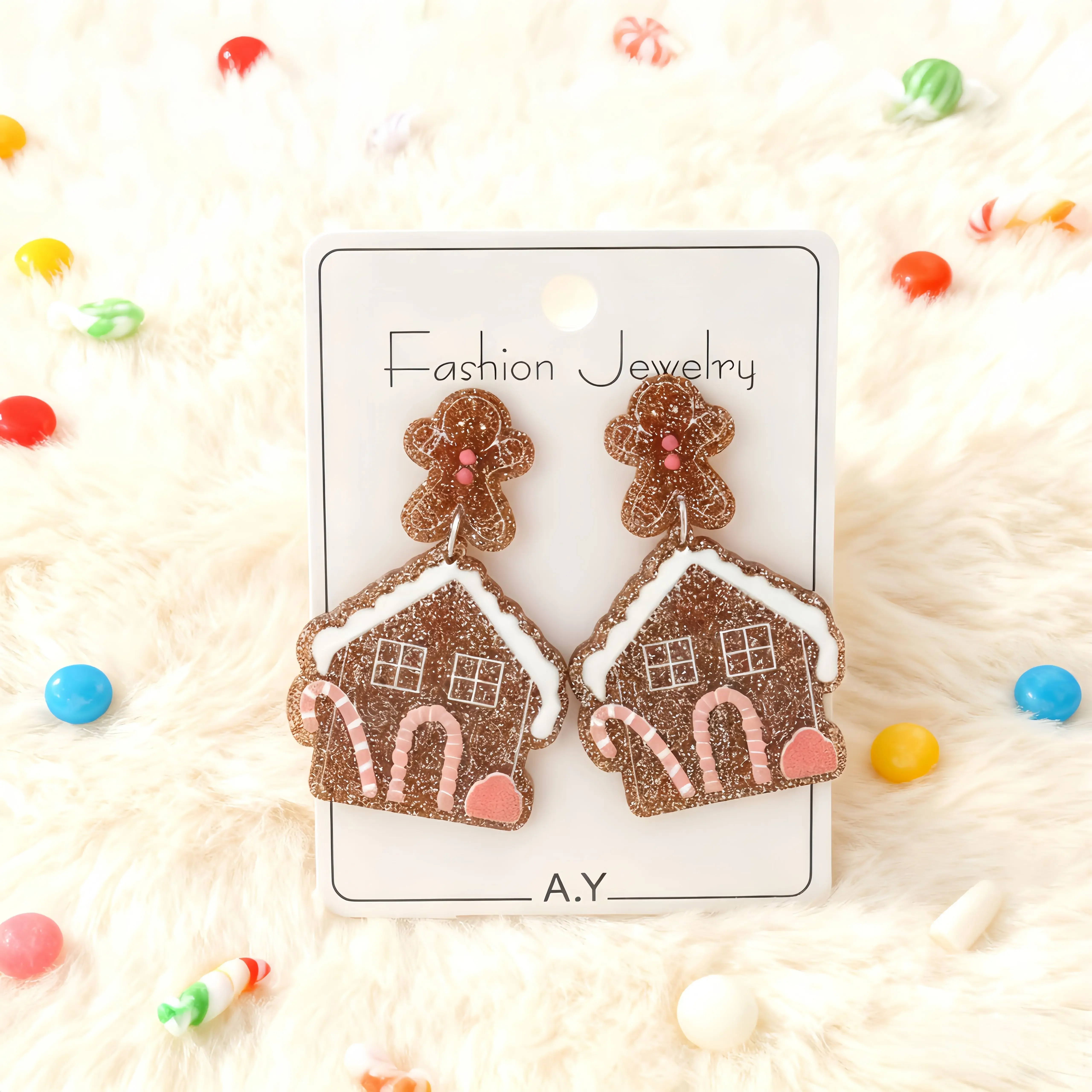 1 par de pendientes con temática navideña de hombre de jengibre y casa para mujer, diseño acrílico brillante con detalles de bastones de caramelo festivos, linda joyería de moda para fiestas navideñas, idea perfecta para regalo de Navidad