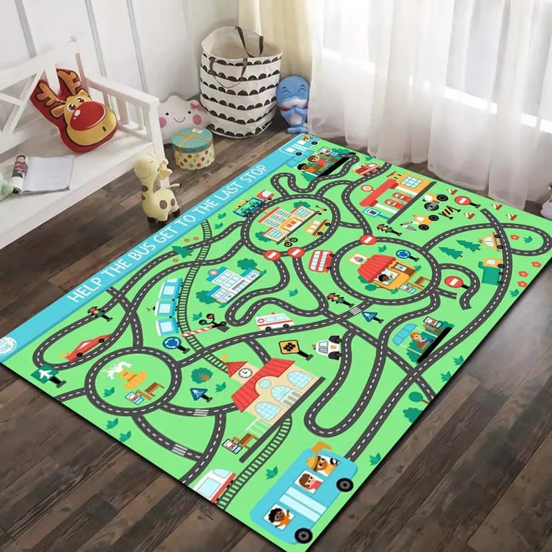 Urban Road & Rail Transit Kids Learning Flannel Area Rug Non-Slip Floor Mat For Toddler Bedroom Playroom Indoor Home Decor Gift