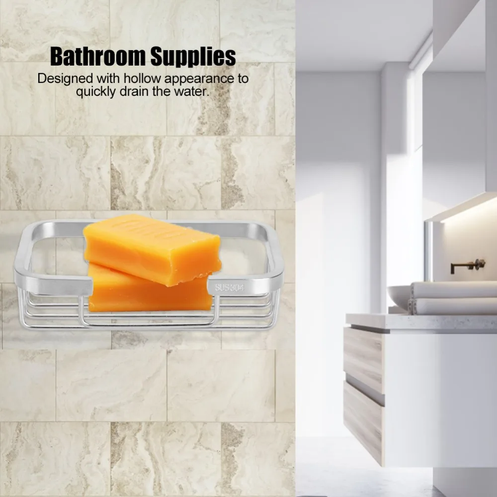 

Stainless Steel Soap Rack Brushed Finish Square Design Soap Dish Silver Efficient Drainage Soap Organizer Box Hotel Home