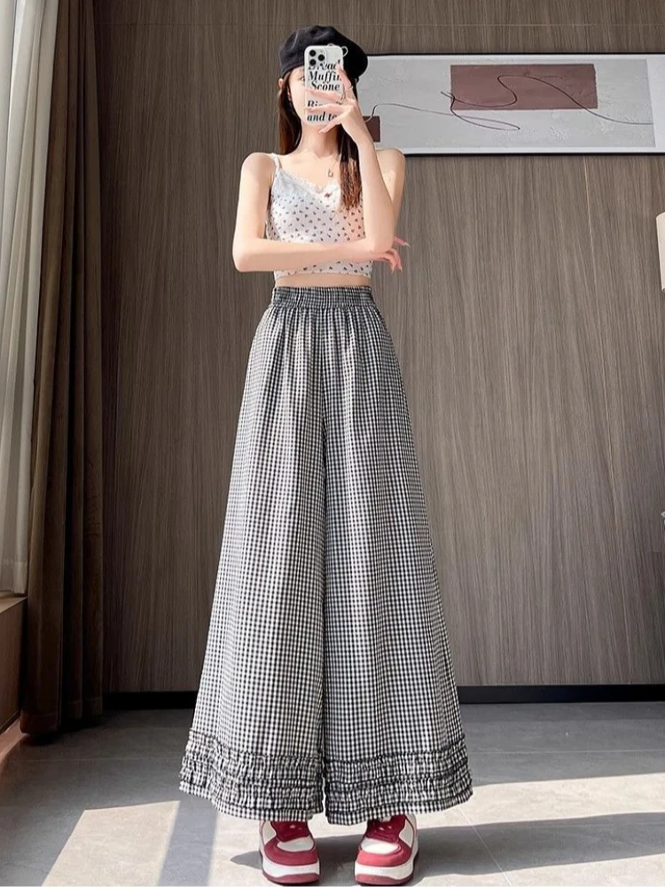 

2026 New Women's High Waisted Pleated Pants Wide Leg Trousers Black White Plaid Casual Comfort Summer Fashion