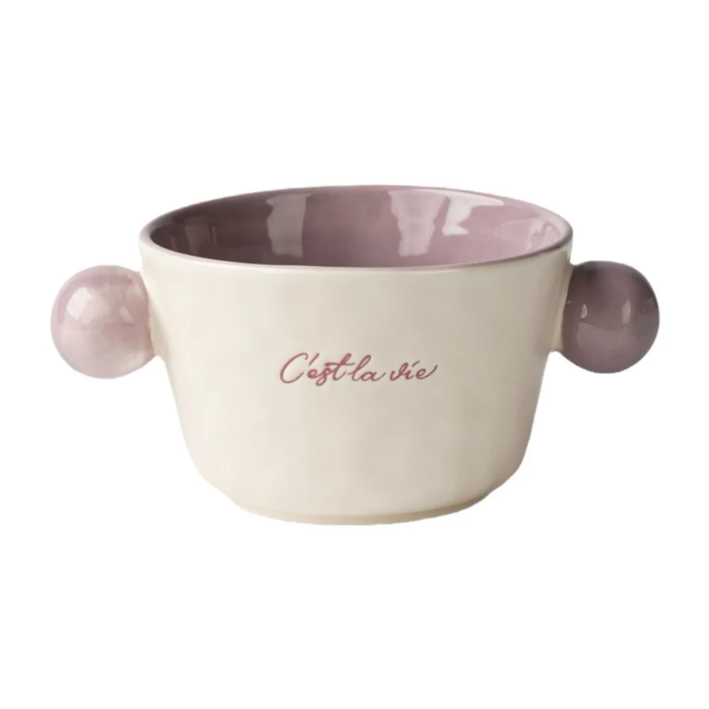 

Aesthetic Light Luxury Dual Ear Ceramic Bowl Fashionable Ins Style Yogurt Bowl 330ml Elegant Oat Bowl Yogurt Serving