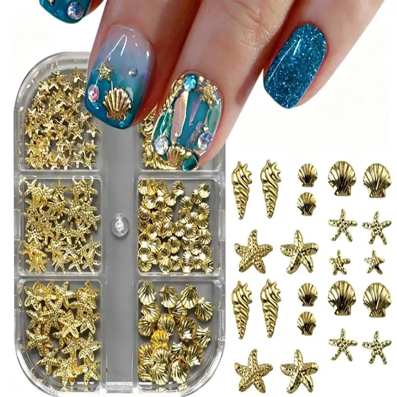 6er-Set Goldene Muschel- und Seestern-Nagelcharms, 3D-Muschel-Nagelkunst-Dekorationen, Sommer-Metall-Nagelstecker, Maniküre-Nagelzubehör – Detail 4
