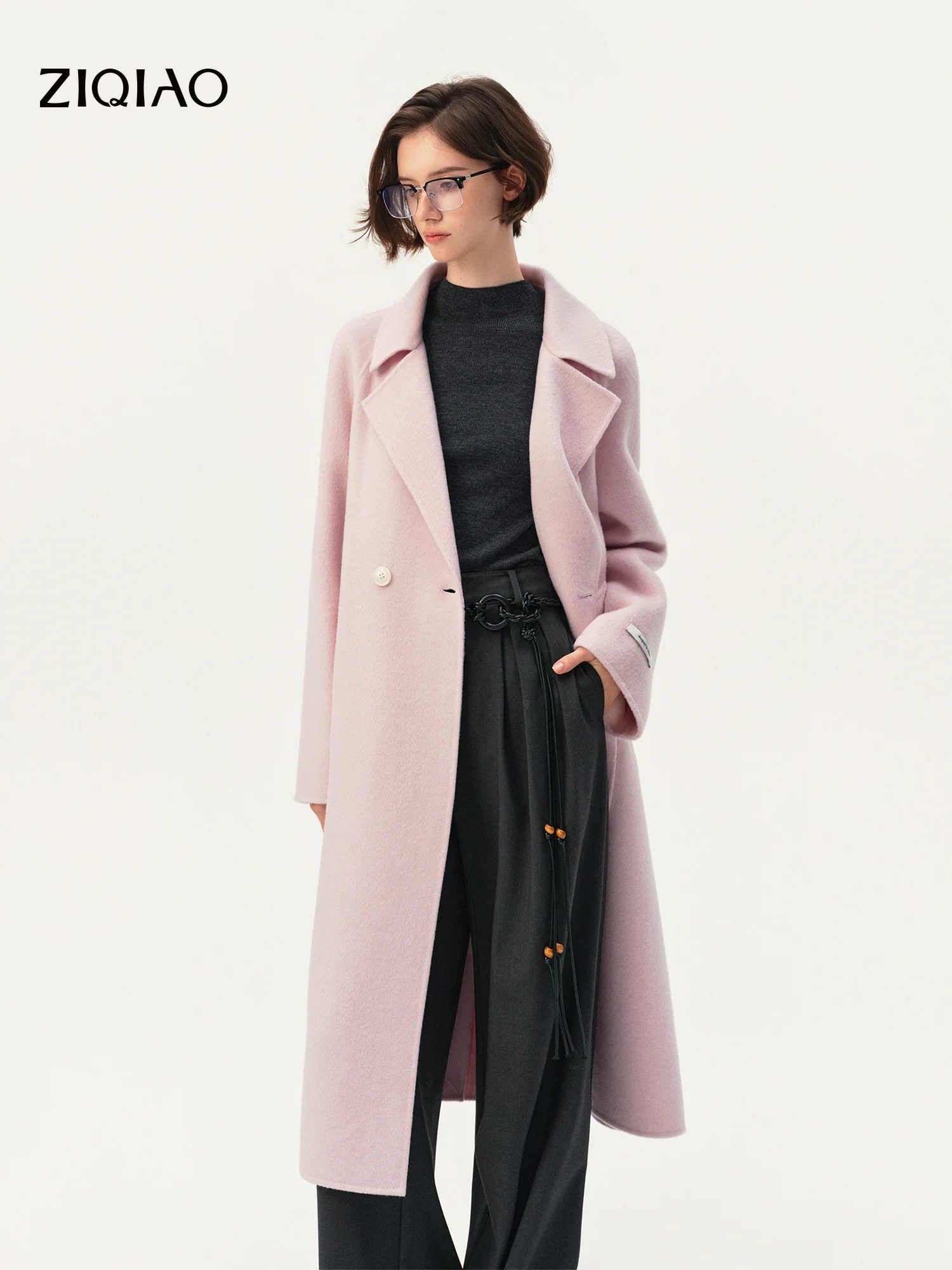 ZIQIAO Women's Cashmere‑Blend Double‑Faced Wool Coat Lapel Collar Warm Woolen Overcoat 2026 Winter New Elegant Outerwear Jacket