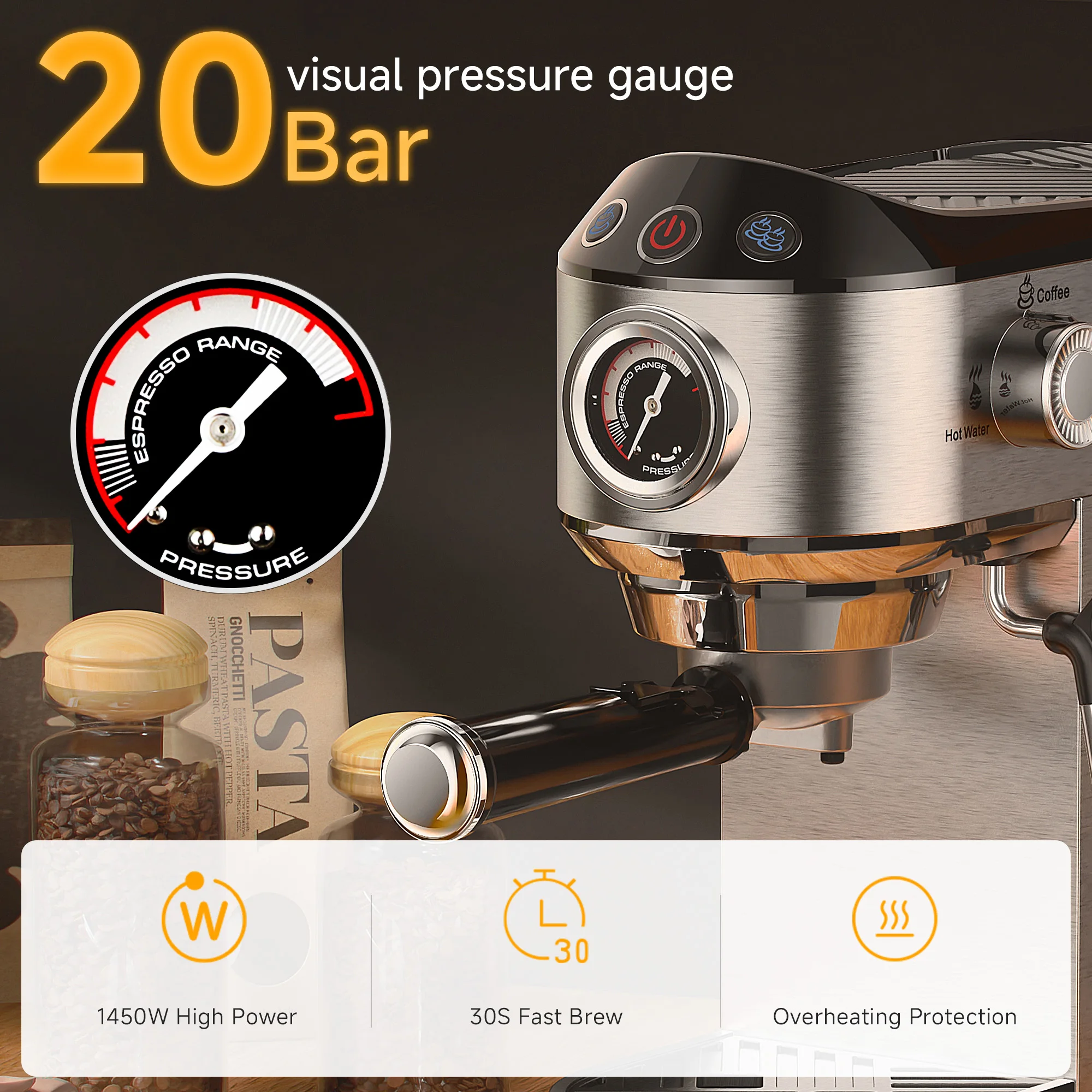 BioloMix 20 Bar Stainless Steel Semi-Automatic Coffee Machine with Milk Frother Wand for Espresso Cappuccino And Powder Coffee