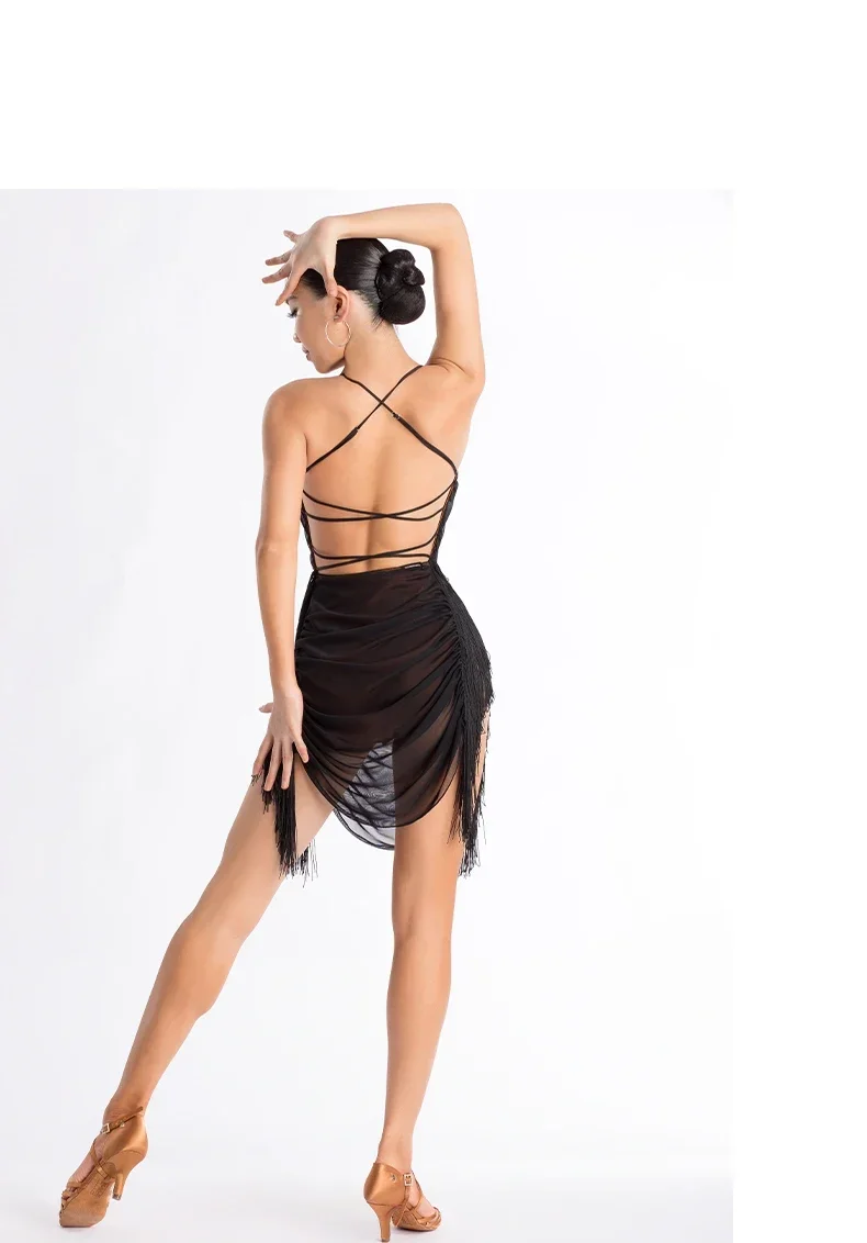 Vestido de dança latina para mulheres adulto borla emenda saia terno de dança cha-cha samba estilo internacional de dança de salão