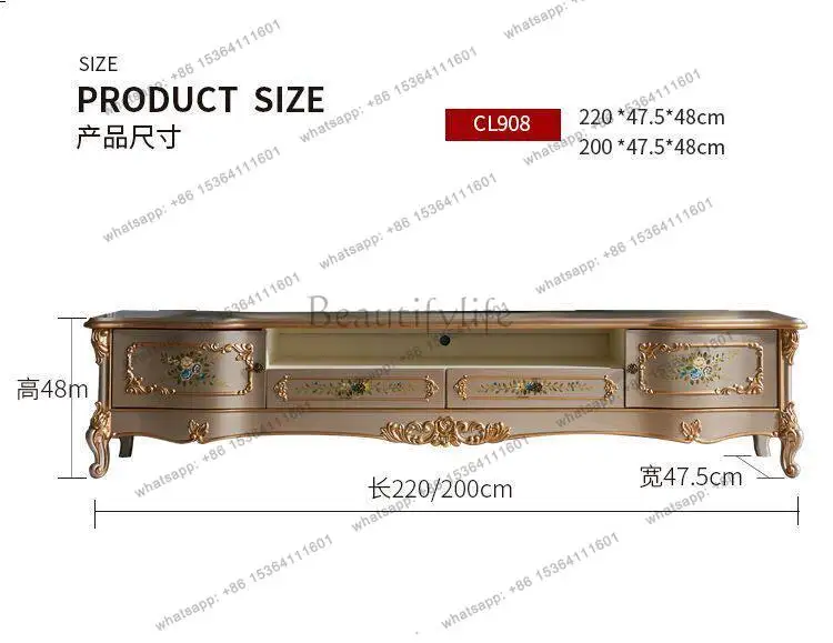 Simple European TV cabinet American solid wood painted living room white champagne high-end French carved floor cabinet