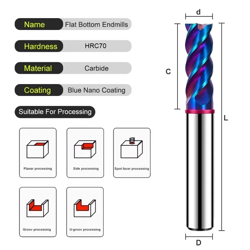 SHAZAM TGP-HRC70 CNC 기계식 엔드밀용 텅스텐 스틸 카바이드 블루 코팅 밀링 커터, 4F 컬러 서클 플랫 엔드 밀