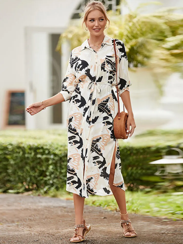 Casual Button Front Open Dress High Waist Print Tunic 2023 Spring/Autumn Women Clothes Street Wear Pocket Long Shirt Dress Q1488