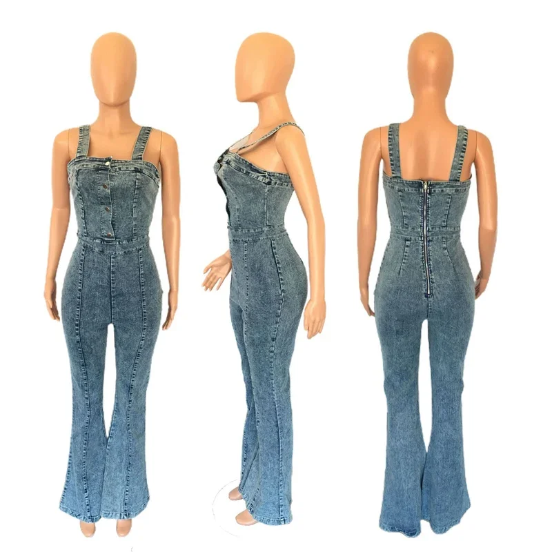 Streetwear Vintage Denim Overall Frauen Flare Hosen Hohe Taille Spaghetti Strap Ärmellose Jeans Casual Strampler Monos Para Mujer