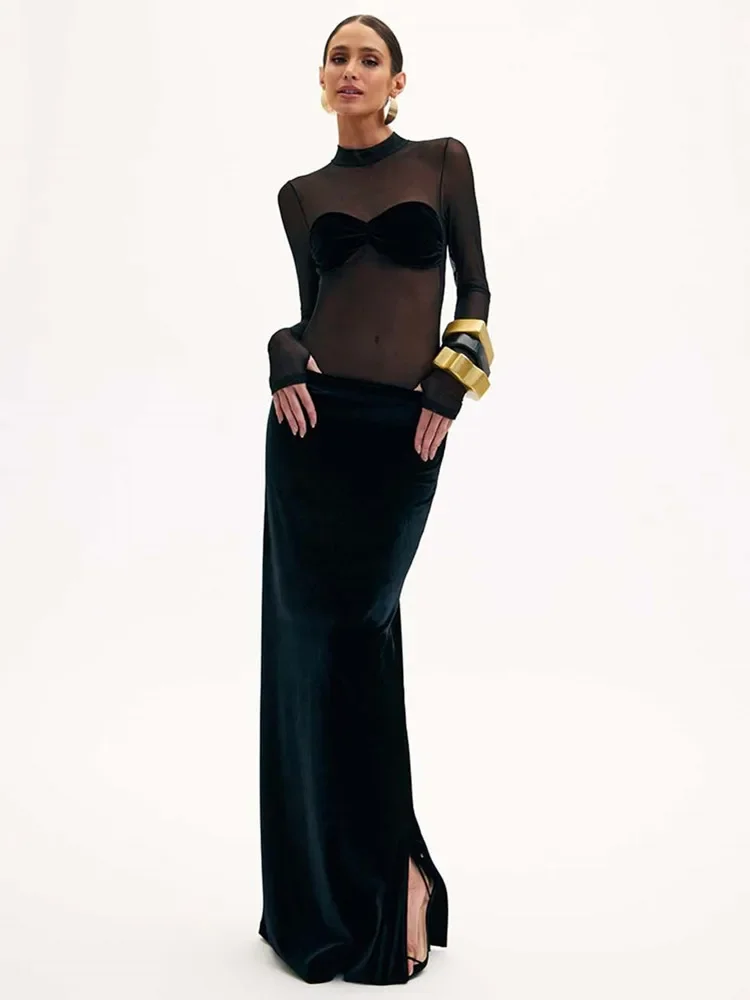 

2024 Women Celebrity Sexy Turtleneck Black Mesh Velvet Maxi Long Bodycon Dress Elegant Evening Club Party Outfit