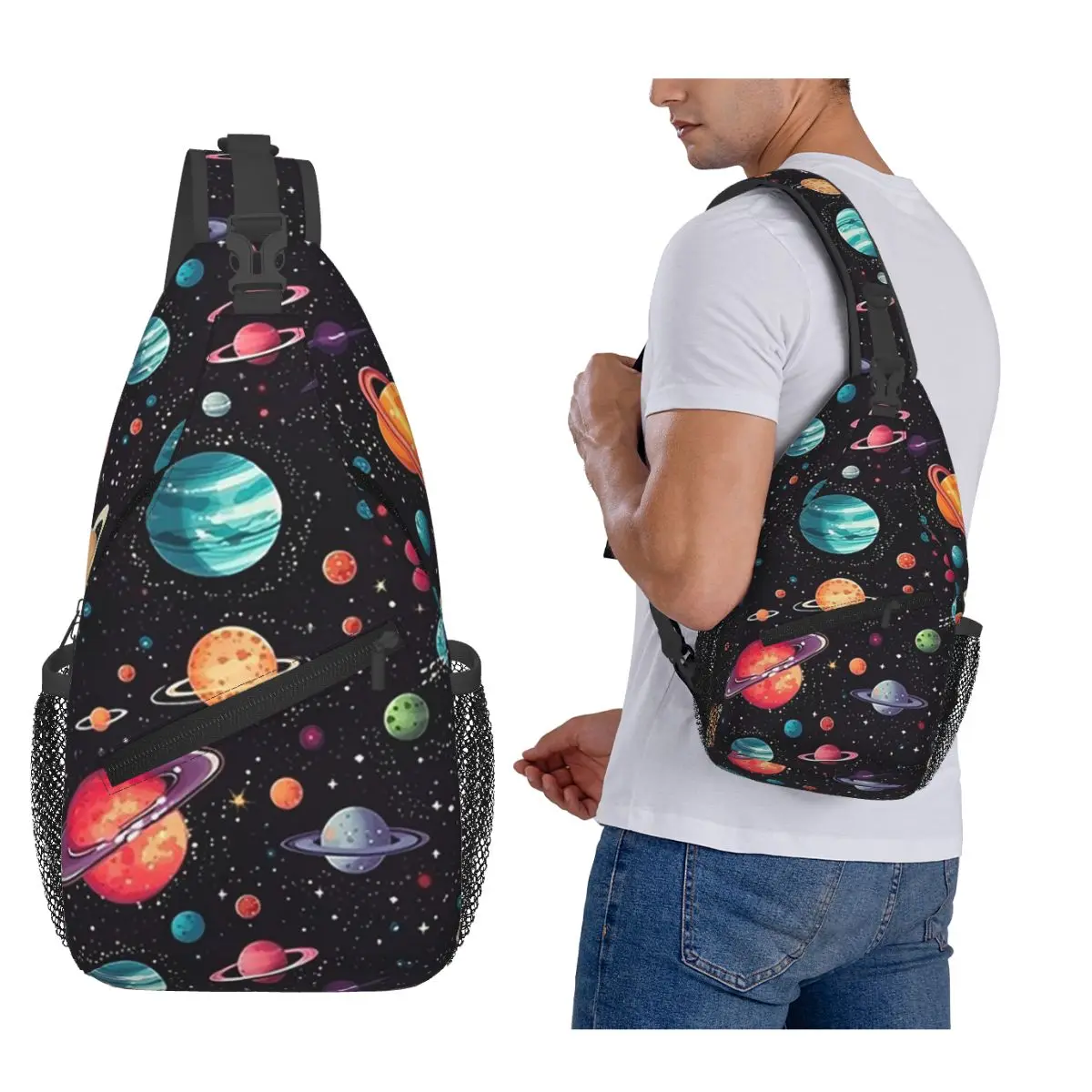 Sac de poitrine pour hommes, sac à bandoulière, sac à dos de voyage, sac à bandoulière pour randonnée, sac à bandoulière pour la journée, motif système solaire, planètes, univers