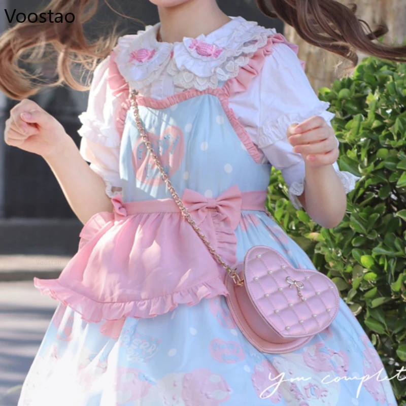 Japanese Soft Girls Lolita Shirt Sweet Lace Ruffles Heart Button Pink Candy Kawaii Blouses Women Peter Pan Collar Blusas Mujer