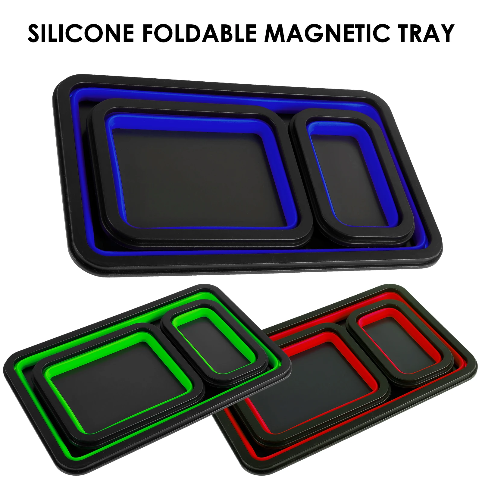 3Pcs Collapsible Magnetic Parts Tray Set Silicone Foldable Magnetic Tool Tray 3 Size Magnetic Tool Square Tray for Screw