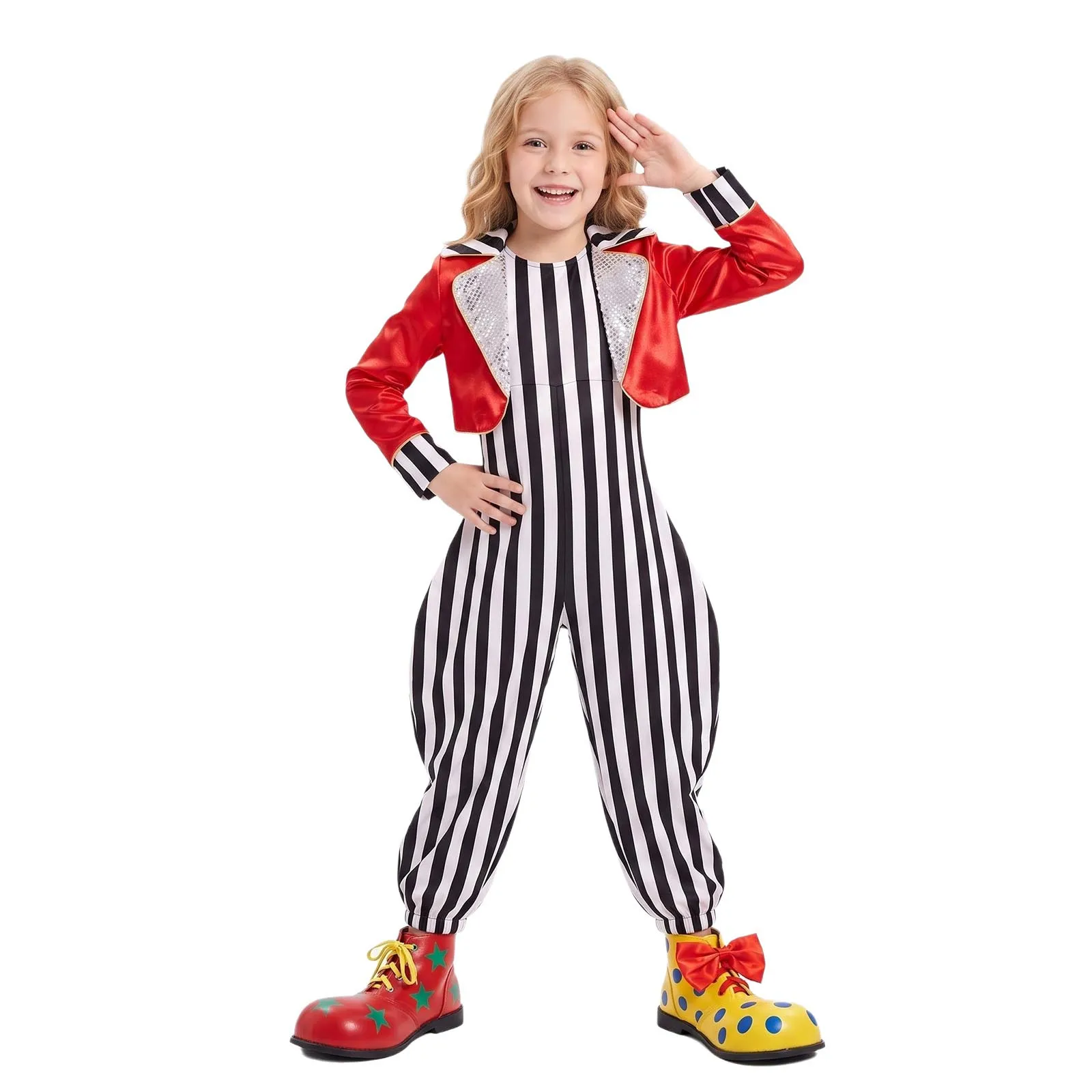 Kids Girls Boys Circus Ringmaster Outfit Halloween Carnival Clown Costumes Sleeveless Zipper Striped Jumpsuit with Sequin Jacket