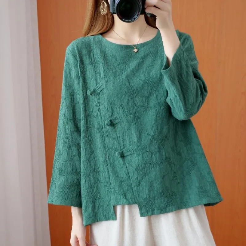 Clothes for Women Chinese Style Vintage Jacquard Elegant Cotton Linen Blouse Ladies O Neck Long Sleeve Loose Irregular Chic Tops