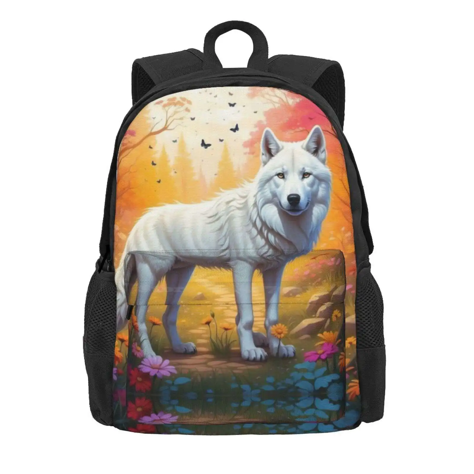 Autumn Whisper: White Wolf In A Forest Of Fall Hot Sale Schoolbag Backpack Fashion Bags White Wolf Autumn Forest Fall Foliage