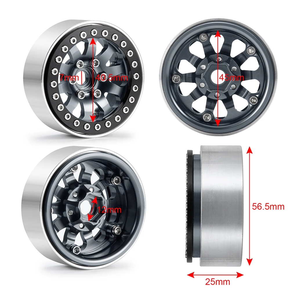 MIBIDAO 4Pcs Aluminum Alloy 1.9 Inch Beadlock Wheels Rims Hubs for Axial SCX10 II 90046 AXI03007 1/10 RC Crawler Car Model Parts