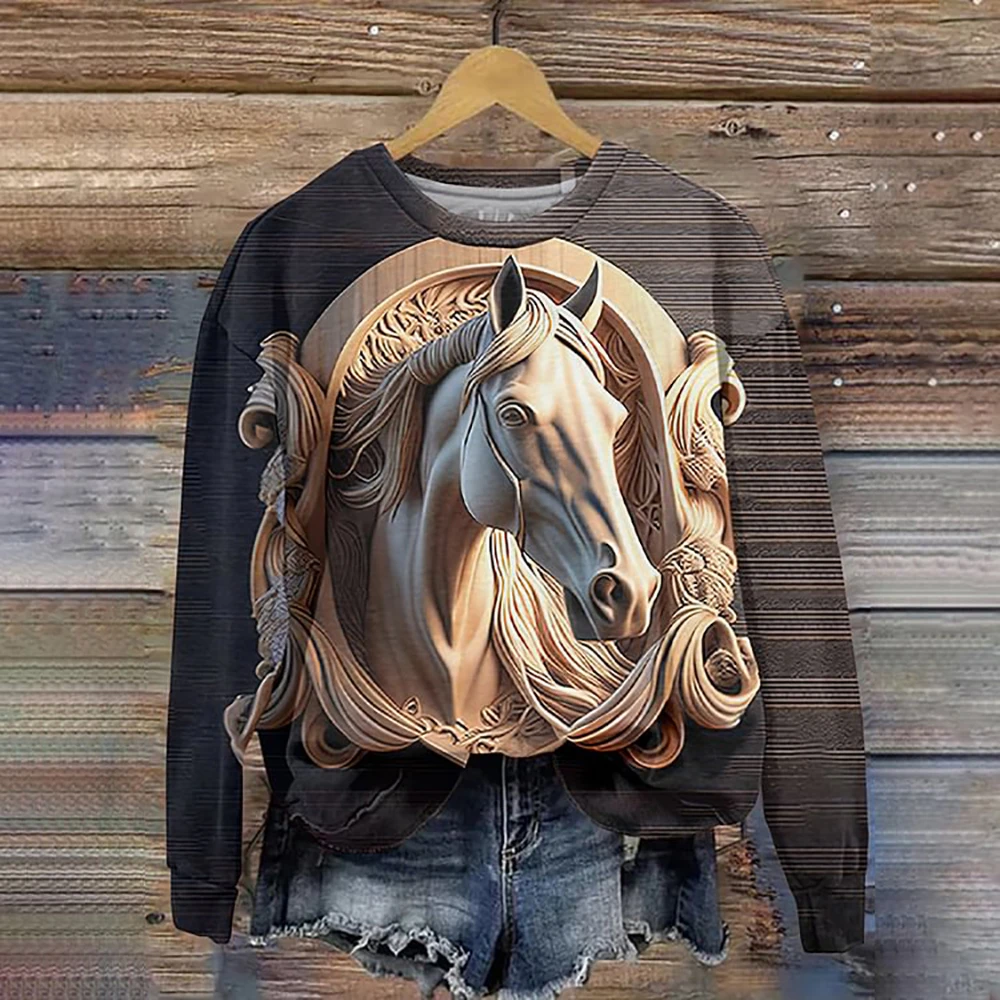 3d Horse Printing Women's Hoodie Autumn Pullover O-Neck Vintage Sweatshirts For Women Fashion Casual Female Loose Cotton Clothes