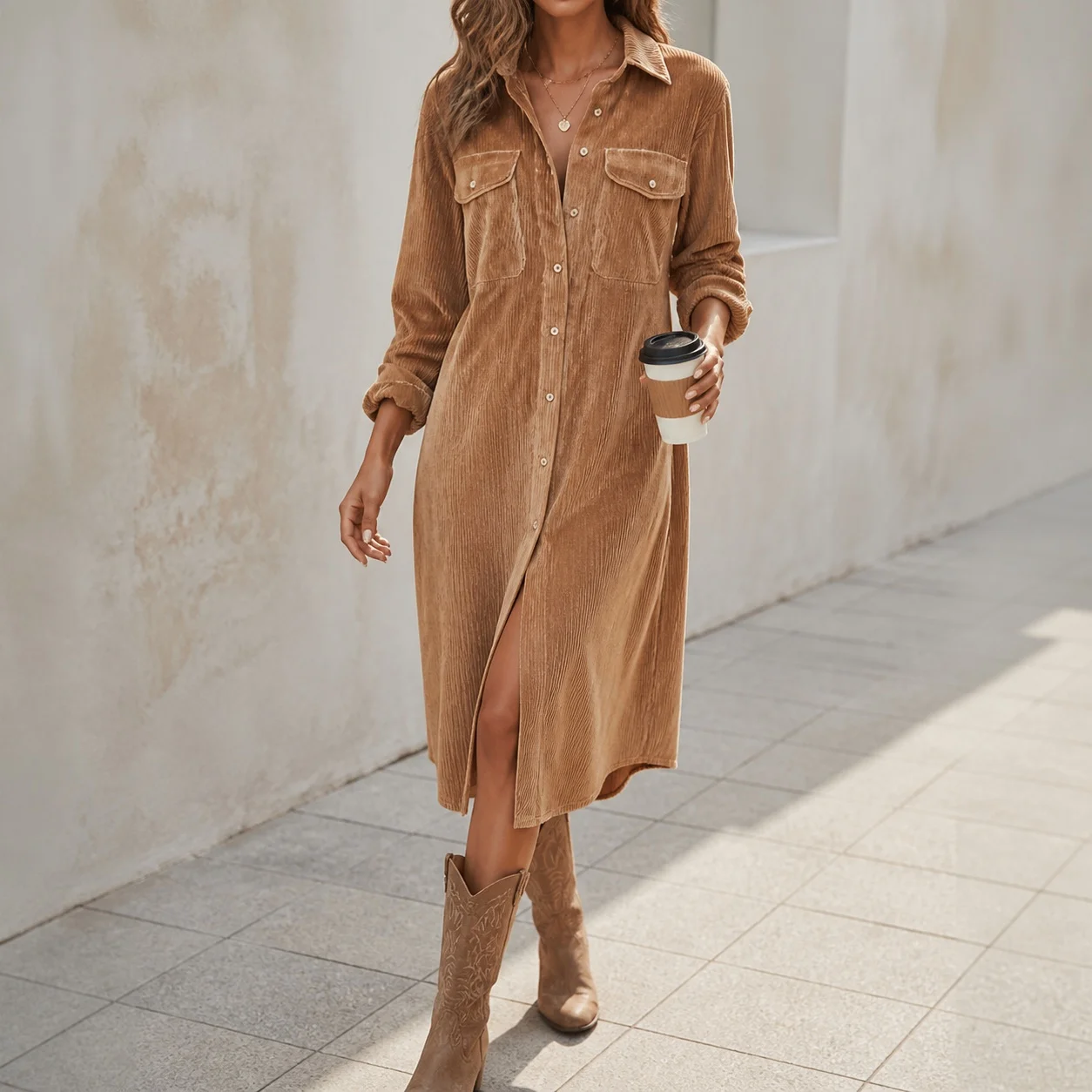 Women's Elegant Corduroy Shirt Dress with Polo Neck Long Sleeve High Waist Button Front Solid Color Maxi Dresses for Women