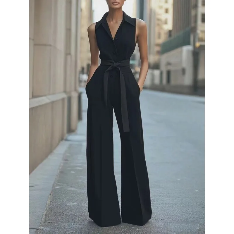 ノースリーブ ラペル ジャンプスーツ レディース ファッション ボタンダウン シャツカラー 無地 ワイドレッグ 通勤 オフィス ポケット付き ジャンプスーツ